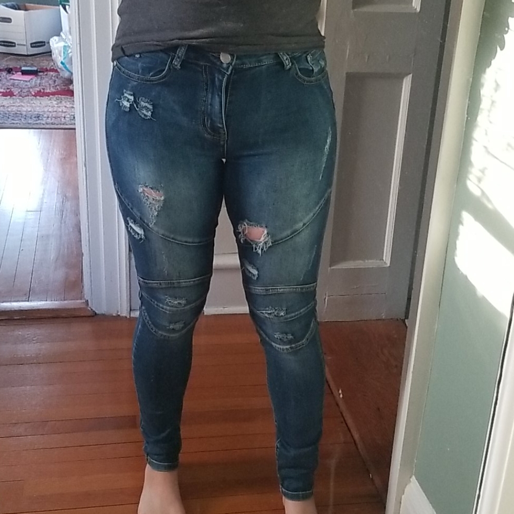 Distressed Moto Skinny Jeans